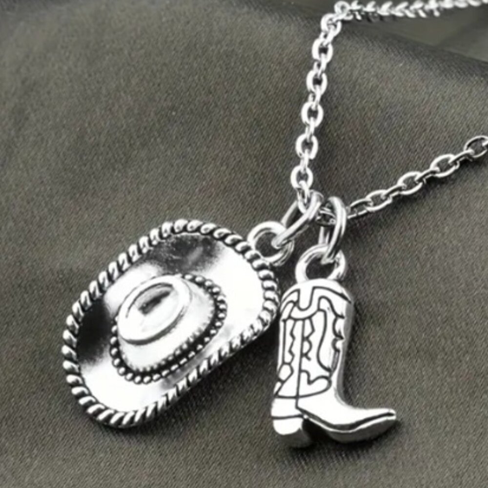 Silver Electro-Plated Cowboy Hat & Boots Pendant Necklace - Picture 1 of 4